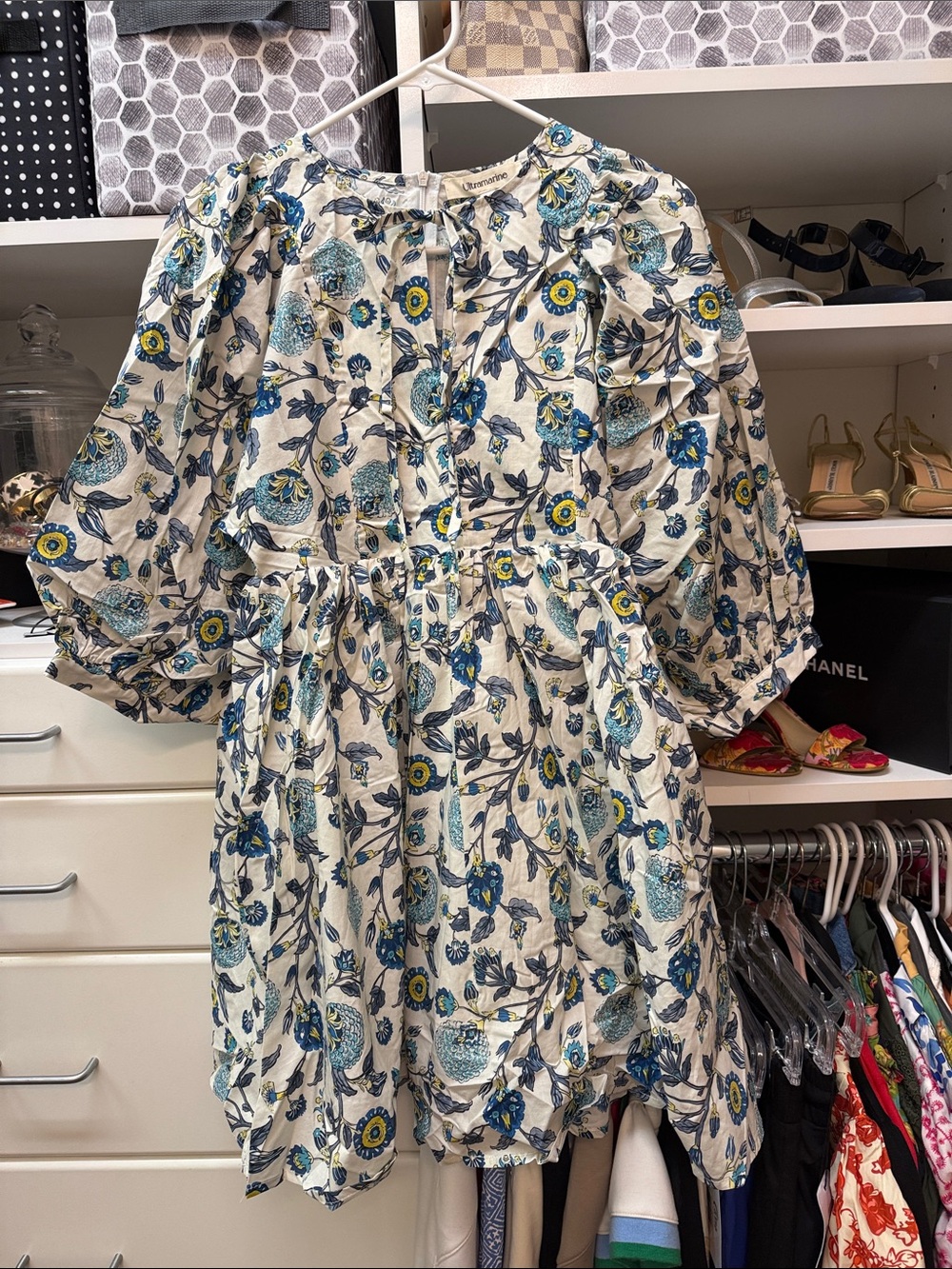 Girls' Floral Puff-Sleeve Dress in Cream and Blue